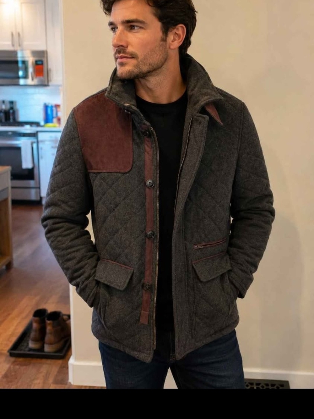 Vince Camuto Dark Gray Quilted Field Jacket with Brown Accents